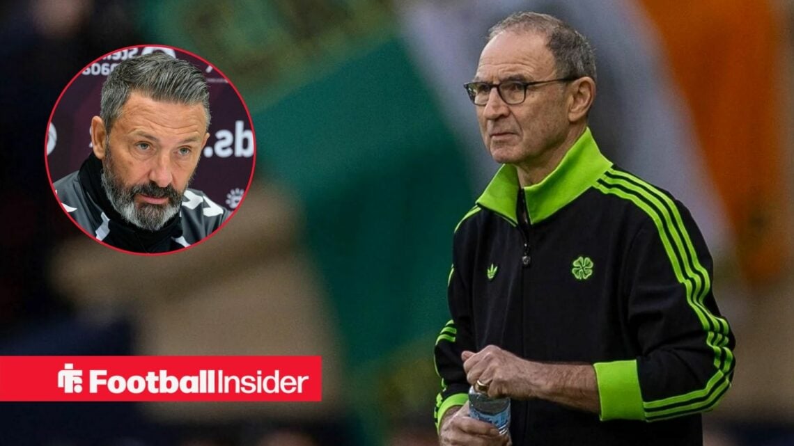 Celtic manager Martin O'Neill looks towards a circular inset, where Hearts boss Derek McInnes sits in a press conference.