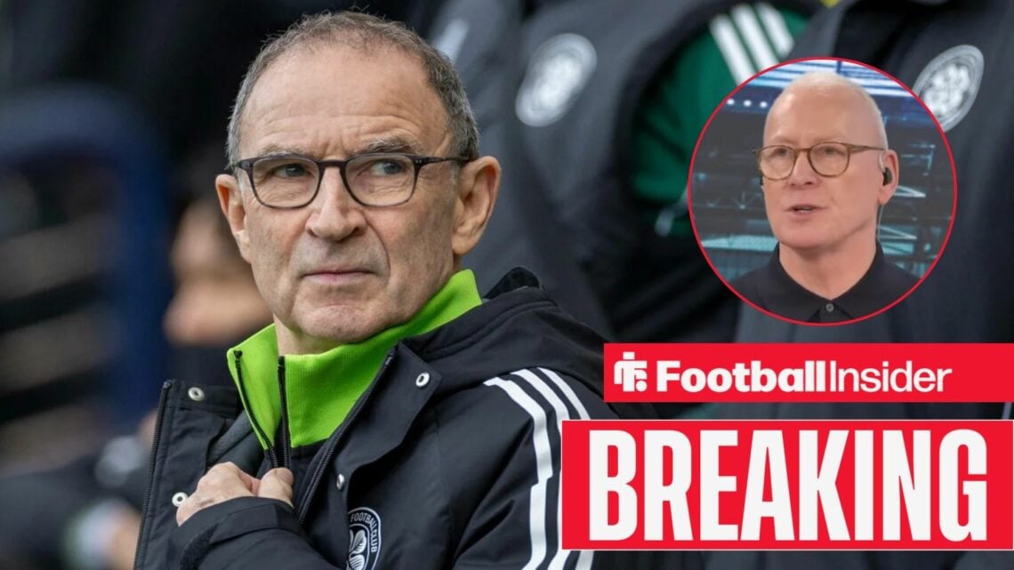 Breaking news as Celtic interim manager Martin O'Neill glances towards Jim White, who features in a circular inset.