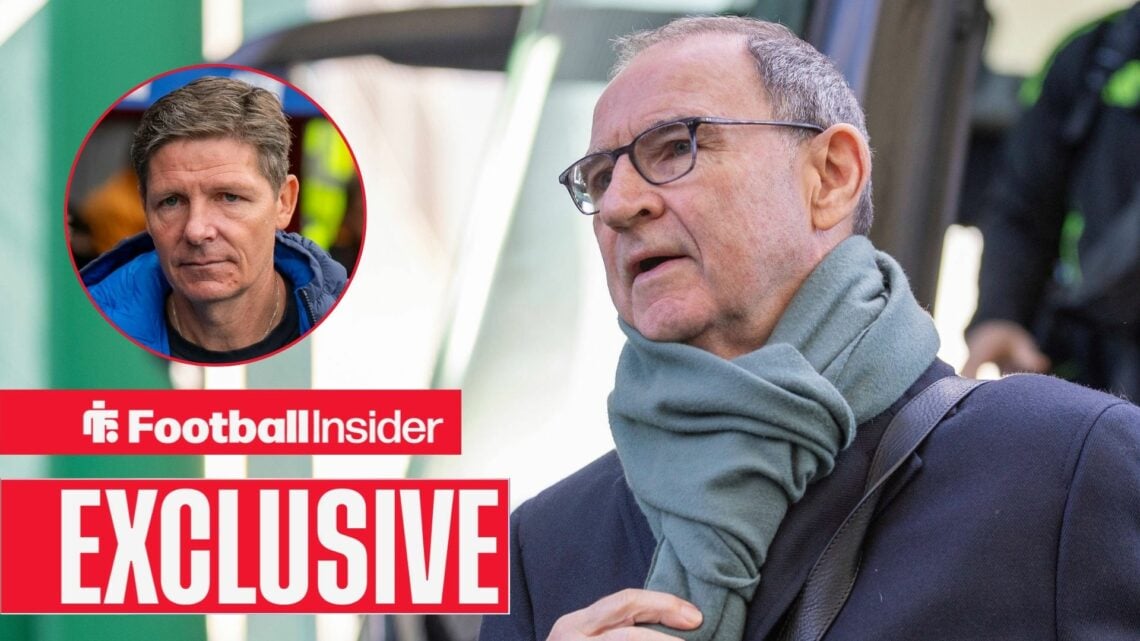 Football Insider exclusive as Celtic manager Martin O'Neill glances towards a circular inset, which features Crystal Palace boss Oliver Glasner.
