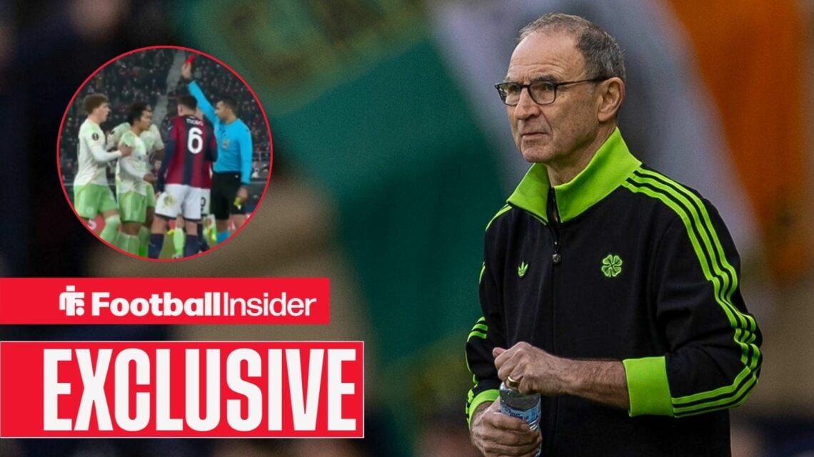 Martin O'Neill at Celtic Park, Reo Hatate being shown a red card in a circular inset