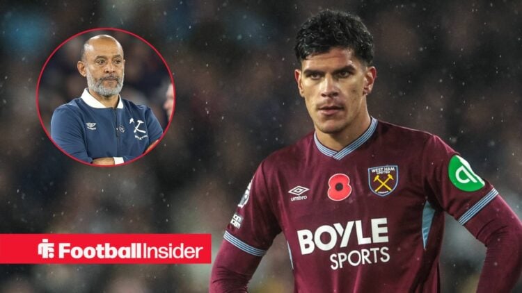 Mateus Fernandes playing for West Ham, Nuno Espirito Santo in a circular inset