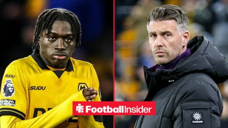 Mateus Mane in action for Wolves, with Rob Edwards on the sidelines