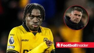 Mateus Mane applauding the Wolves fans, with Rob Edwards in a circular inset