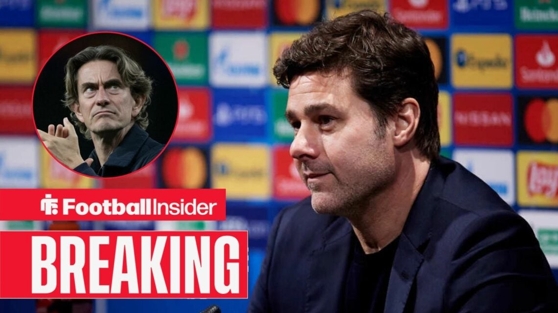 Mauricio Pochettino in a press conference, with Thomas Frank in a circular inset