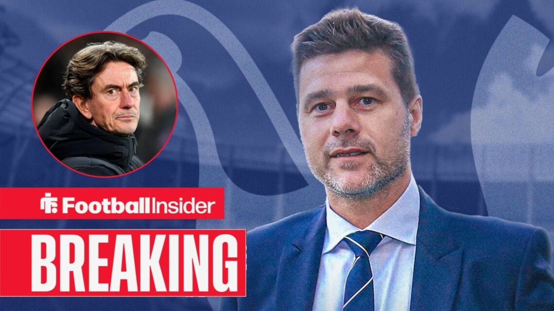 Breaking news as Mauricio Pochettino stands in a suit as Tottenham manager Thomas Frank looks concerned in a circular inset.
