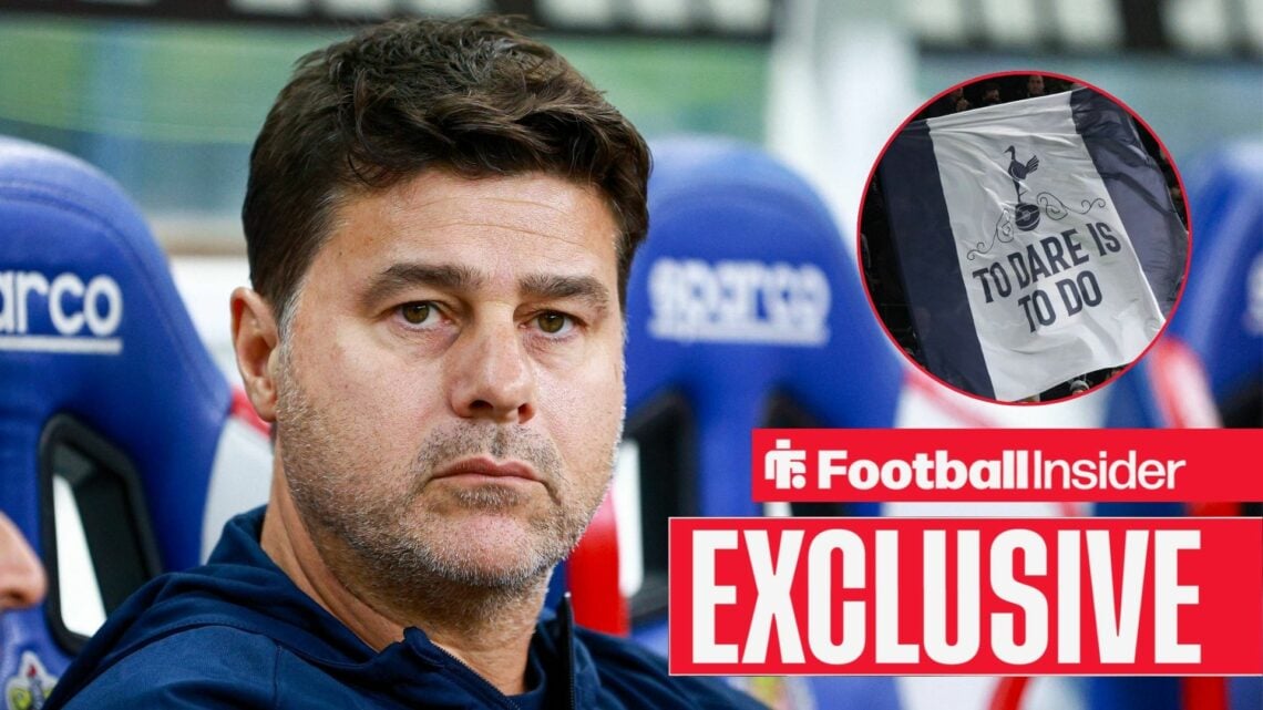 Football Insider exclusive as Mauricio Pochettino sits in the dugout while Tottenham fans wave a giant flag in a circular inset.