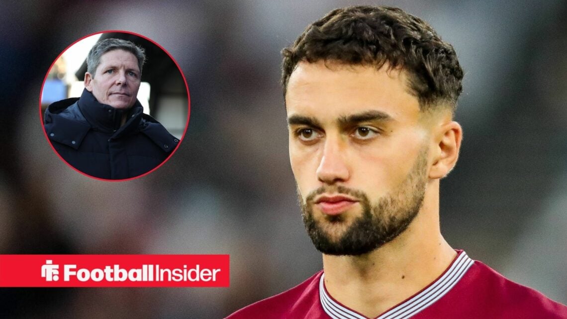 Max Kilman playing for West Ham, Oliver Glasner in a circular inset