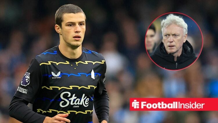 Merlin Rohl playing for Everton, David Moyes in a circular inset