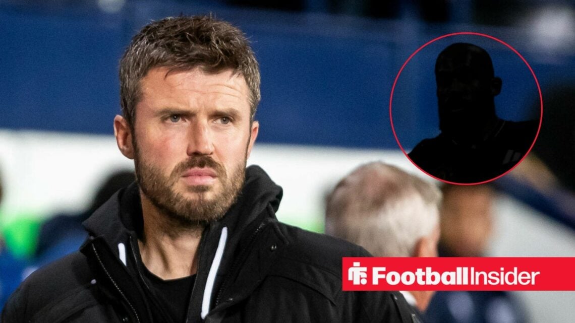 Michael Carrick on the sidelines, with a player silhouette in a circular inset
