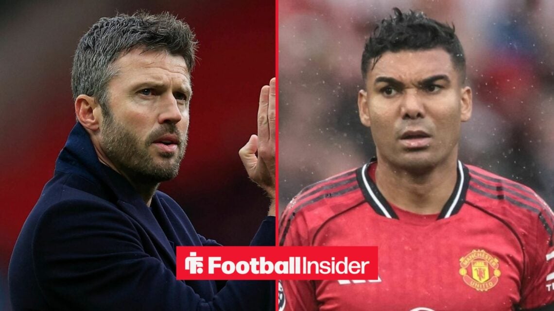 Michael Carrick on the sidelines at Man United, with Casemiro in action