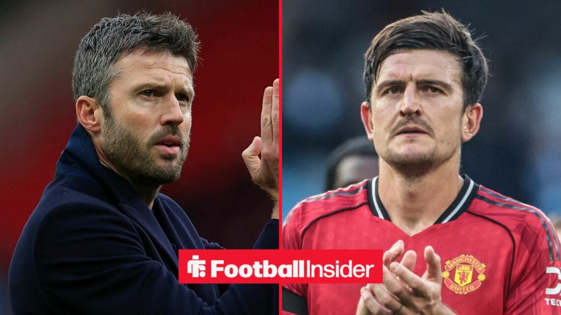 Michael Carrick on the sidelines at Old Trafford, with Harry Maguire in action for Man United