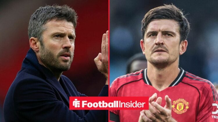 Michael Carrick on the sidelines at Old Trafford, with Harry Maguire in action for Man United
