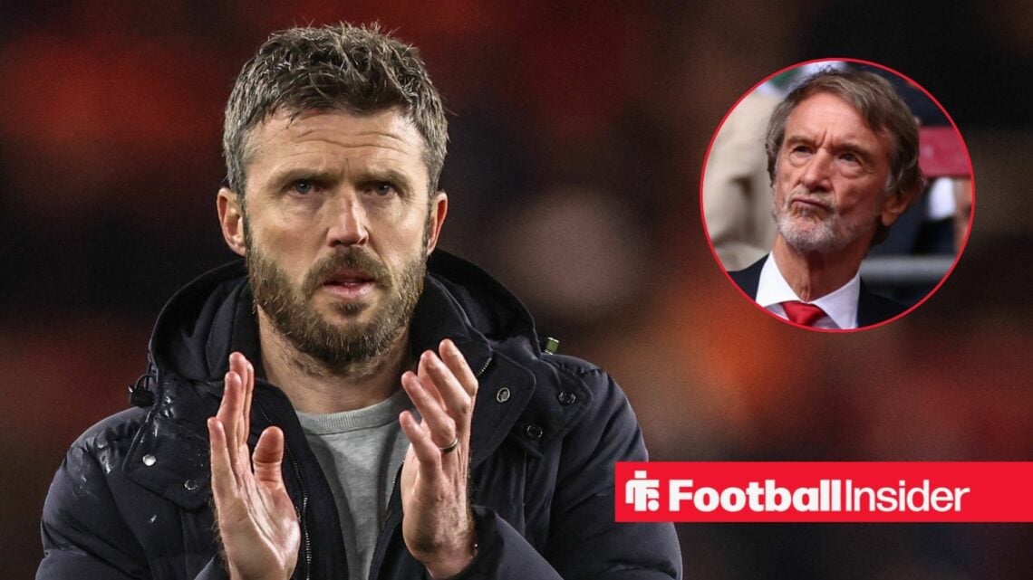 Michael Carrick on the sidelines, with Sir Jim Ratcliffe in a circular inset