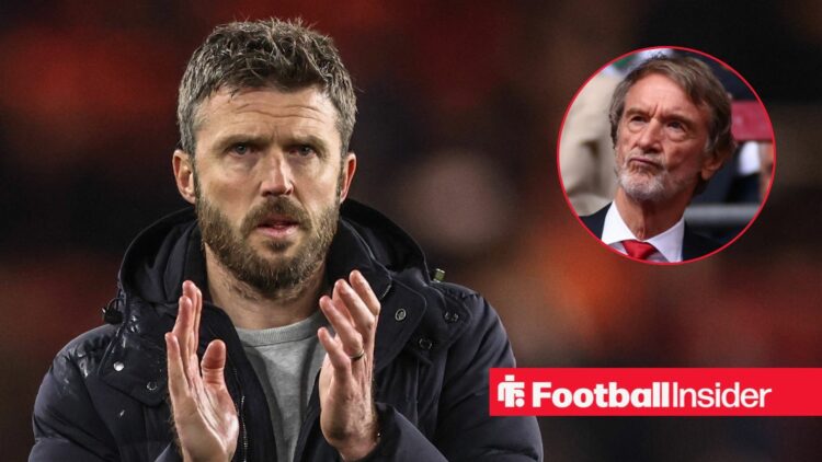 Michael Carrick on the sidelines, with Sir Jim Ratcliffe in a circular inset