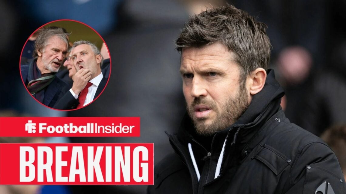 Michael Carrick on the sidelines, with Jim Ratcliffe and Jason Wilcox in a circular inset