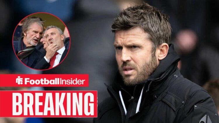 Michael Carrick on the sidelines, with Jim Ratcliffe and Jason Wilcox in a circular inset