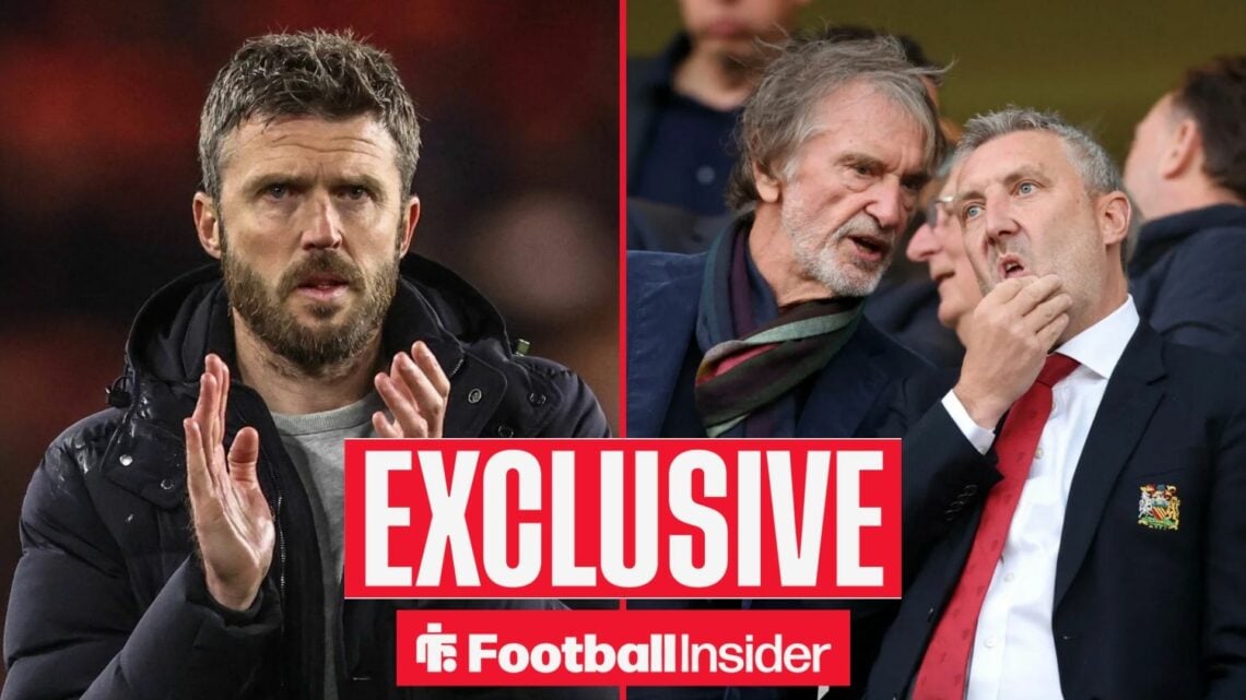 Michael Carrick on the sidelines, with Sir Jim Ratcliffe and Jason Wilcox in the stands
