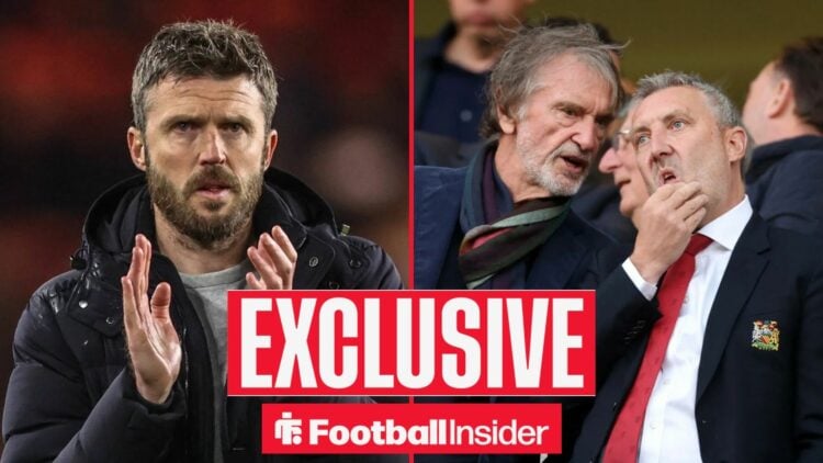Michael Carrick on the sidelines, with Sir Jim Ratcliffe and Jason Wilcox in the stands