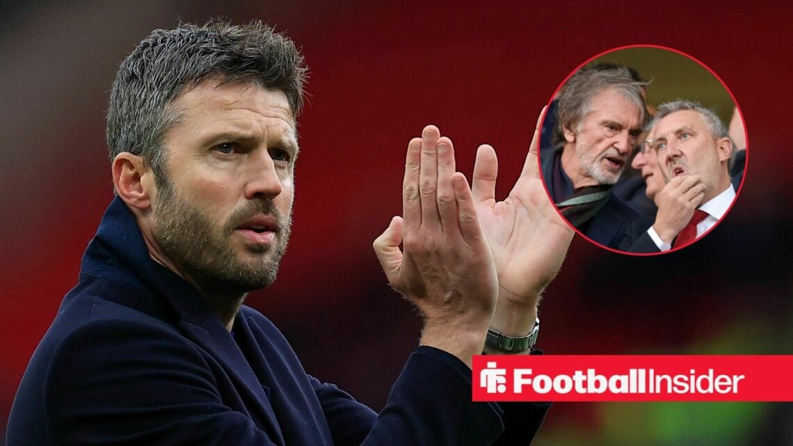 Michael Carrick applauding at Old Trafford, with Sir Jim Ratcliffe and Jason Wilcox in a circular inset