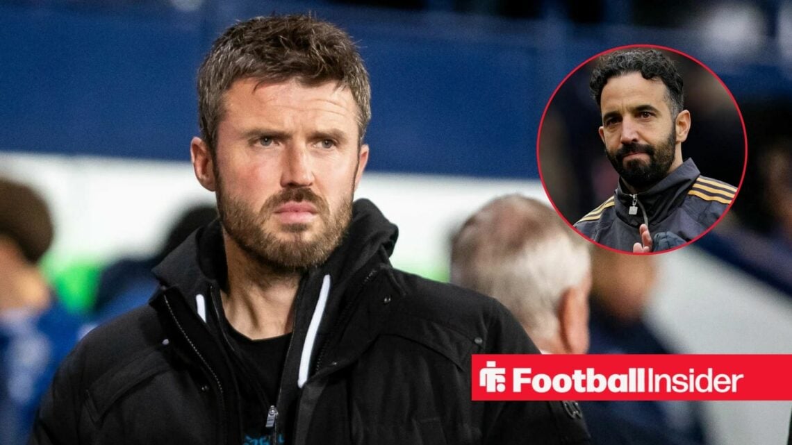 Michael Carrick on the sidelines, with Ruben Amorim in a circular inset