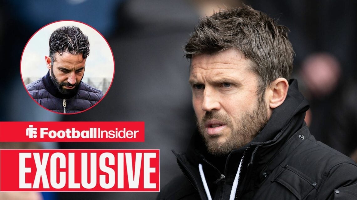 Football Insider exclusive as Michael Carrick stares towards a circular inset, where Ruben Amorim hangs his head in shame.