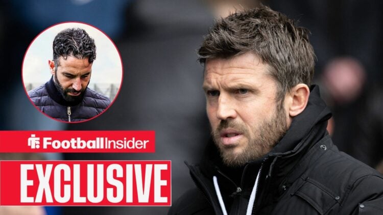 Football Insider exclusive as Michael Carrick stares towards a circular inset, where Ruben Amorim hangs his head in shame.