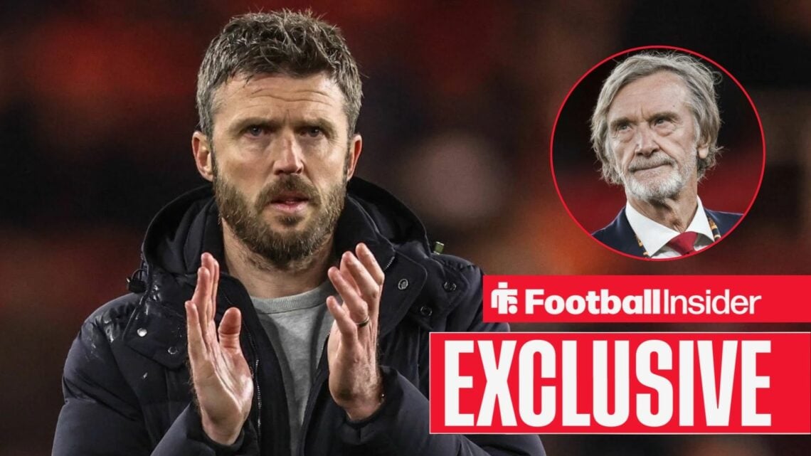 Football Insider exclusive as Michael Carrick applauds as Manchester United owner Sir Jim Ratcliffe watches from a circular inset.