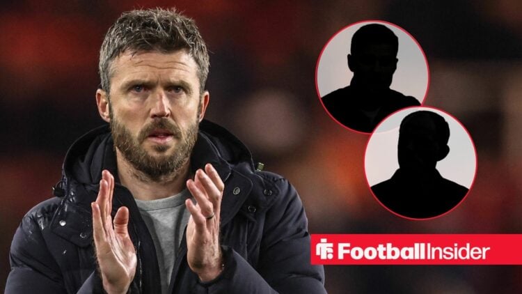Michael Carrick clapping, Thomas Tuchel and Xabi Alonso's silhouettes in circular insets