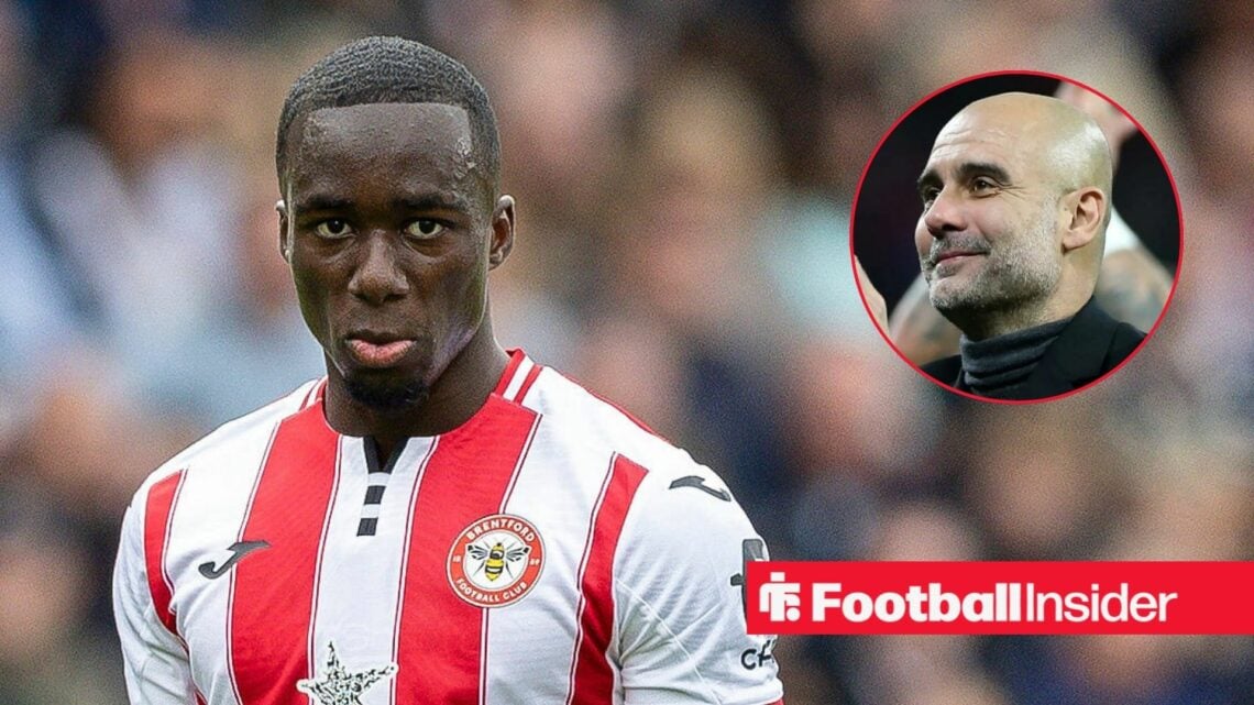 Michael Kayode in action for Brentford, with Pep Guardiola in a circular inset