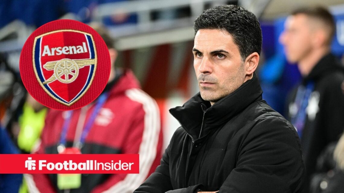 Mikel Arteta looks stern on the touchline, as the Arsenal badge features in a circular inset.