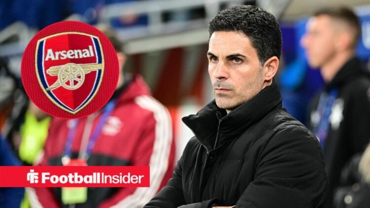 Mikel Arteta looks stern on the touchline, as the Arsenal badge features in a circular inset.