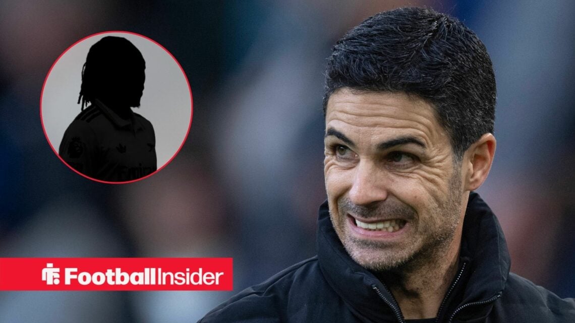 Mikel Arteta wincing, Eberechi Eze's silhouette in a circular inset