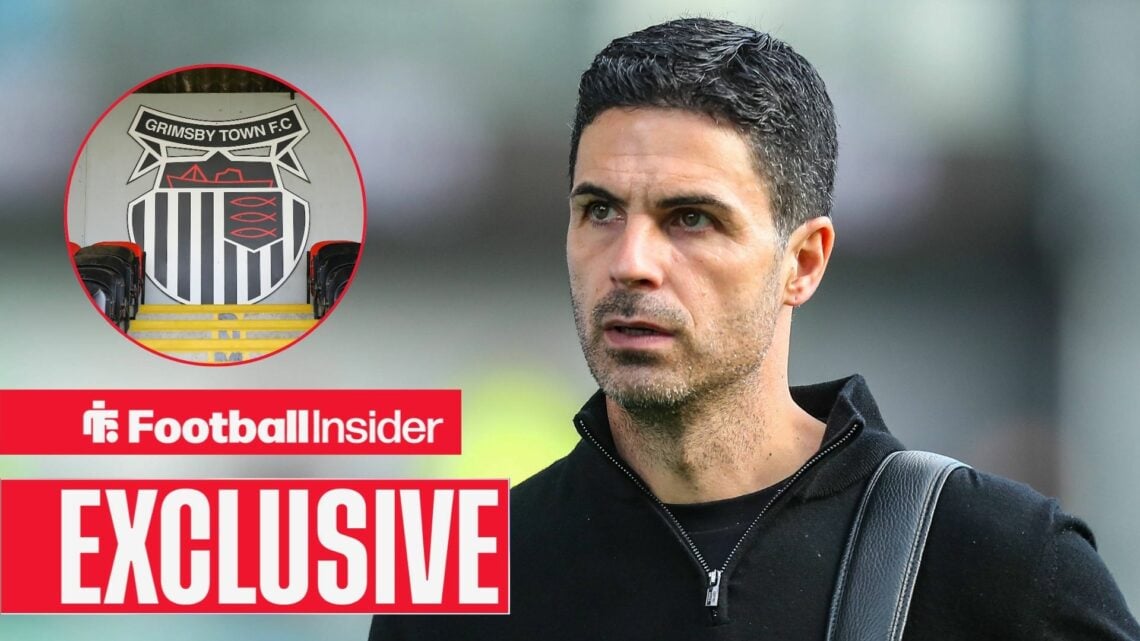 Football Insider exclusive as Arsenal manager Mikel Arteta looks towards a circular inset, which features the Grimsby Town badge.