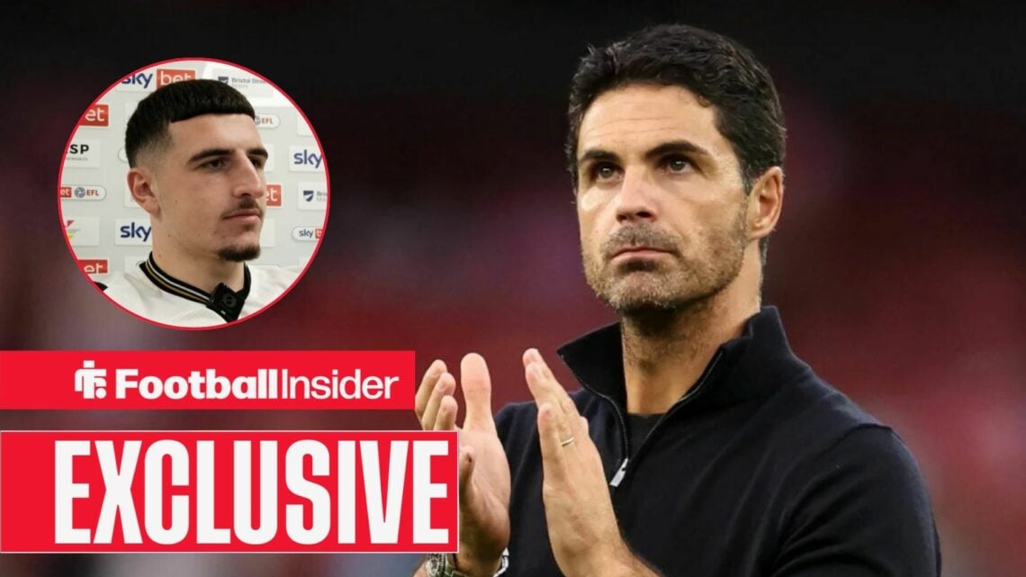 Mikel Arteta applauding at Arsenal, with Maldini Kacurri in a circular inset