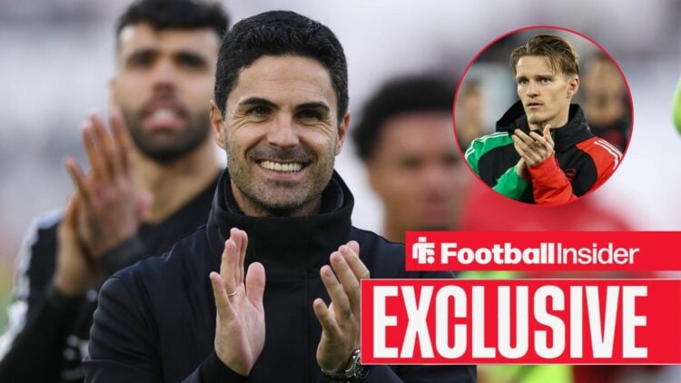 Mikel Arteta clapping with Martin Odegaard included in a circular inset