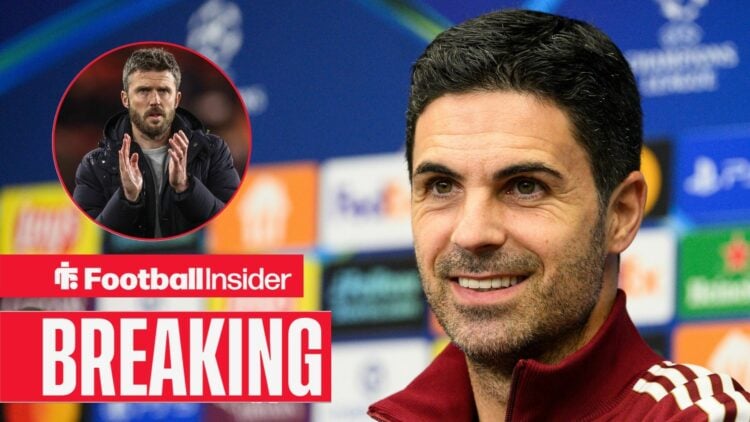 Mikel Arteta in a press conference, Michael Carrick in a circular inset