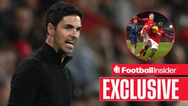 Mikel Arteta screaming, Ola Aina's handball in a circular inset