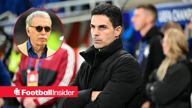 Mikel Arteta with his arms folded with Stan Kroenke included in a circular inset