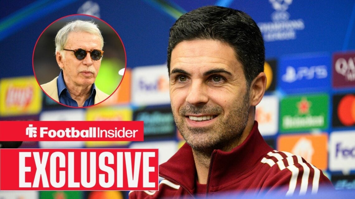 Mikel Arteta smiling in a press conference with Stan Kroenke included in a circular inset