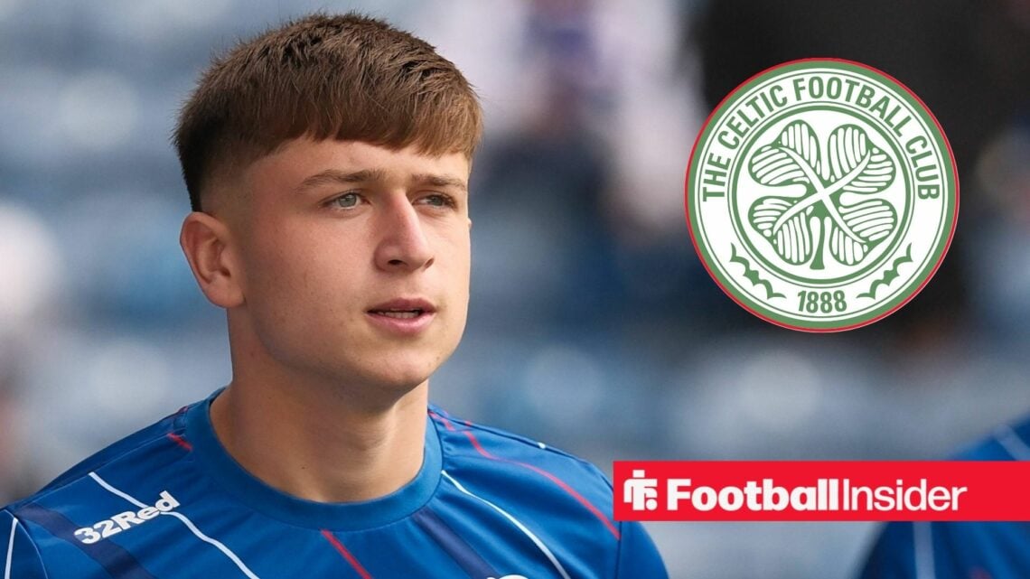 Mikey Moore playing for Rangers, Celtic badge