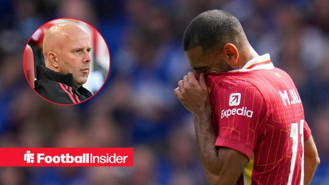 Mohamed Salah sad, Arne Slot in a circular inset