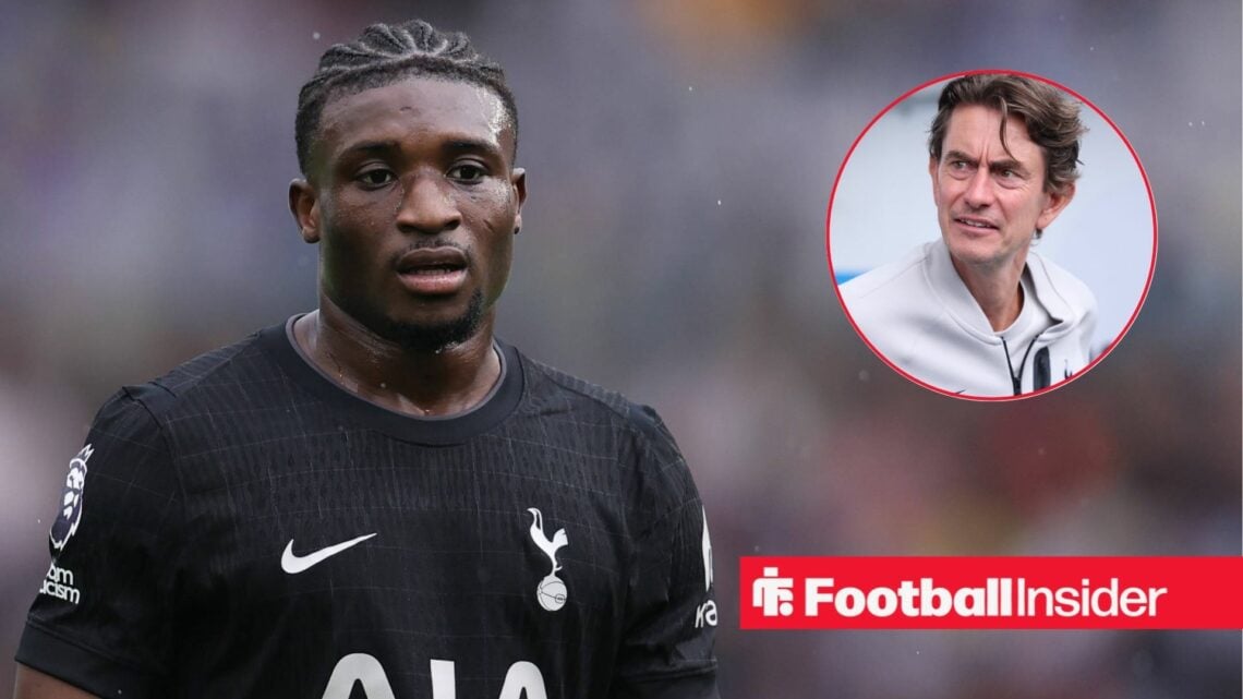 Mohammed Kudus playing for Tottenham, Thomas Frank in a circular inset