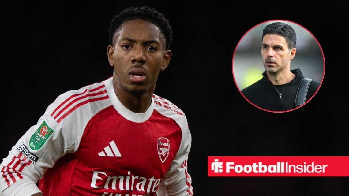 Myles Lewis-Skelly playing for Arsenal, Mikel Arteta in a circular inset