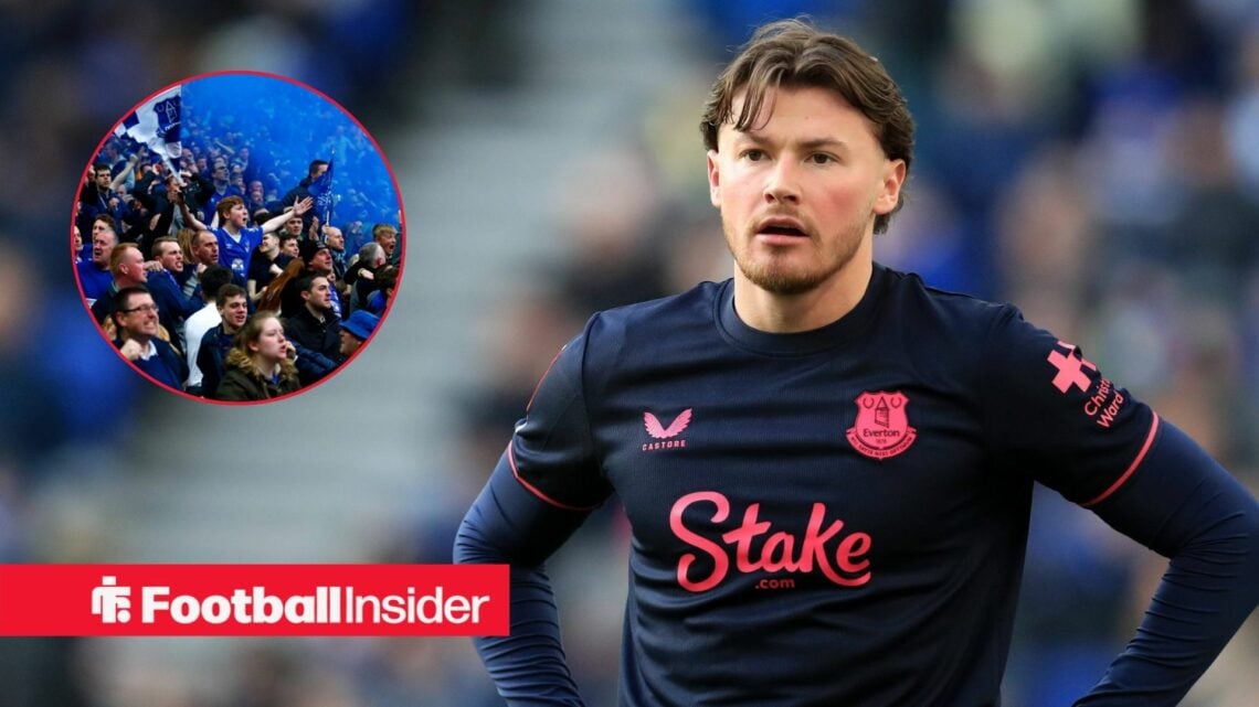 Nathan Patterson stands with his hands on his hips during a game for Everton, as the fans celebrate in a circular inset.
