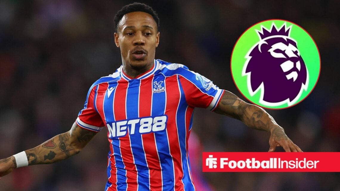 Nathaniel Clyne in action during a game for Crystal Palace, as the Premier League logo features in a circular inset.