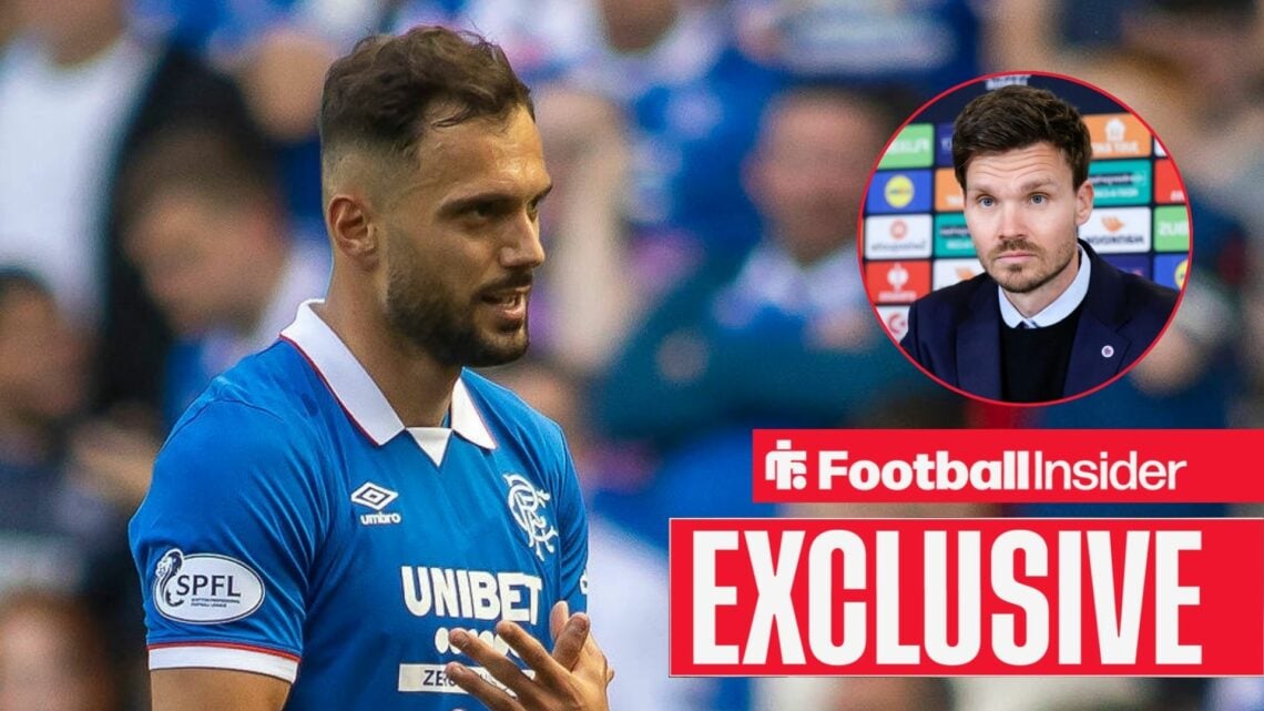 Football Insider exclusive as Rangers star Nedim Bajrami looks towards a circular inset, where manager Danny Rohl sits in a press conference.