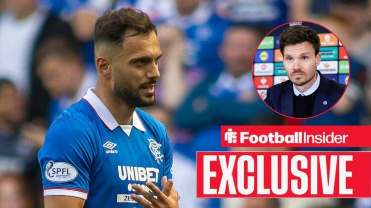 Football Insider exclusive as Rangers star Nedim Bajrami looks towards a circular inset, where manager Danny Rohl sits in a press conference.