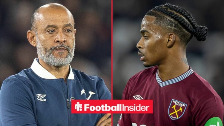 Nuno Espirito Santo looking concerned alongside Crysencio Summerville in a West Ham shirt