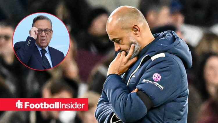 Nuno Espirito Santo on the sidelines at West Ham, with David Sullivan in a circular inset