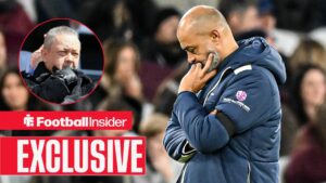 Football Insider exclusive as West Ham manager Nuno Espirito Santo has his head in his hands, as owner David Sullivan watches from a circular inset.